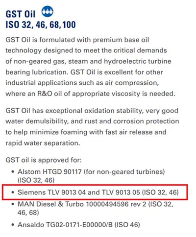Figure 3: Chevron GST oil meeting the Siemens TLV 9013 04 specification